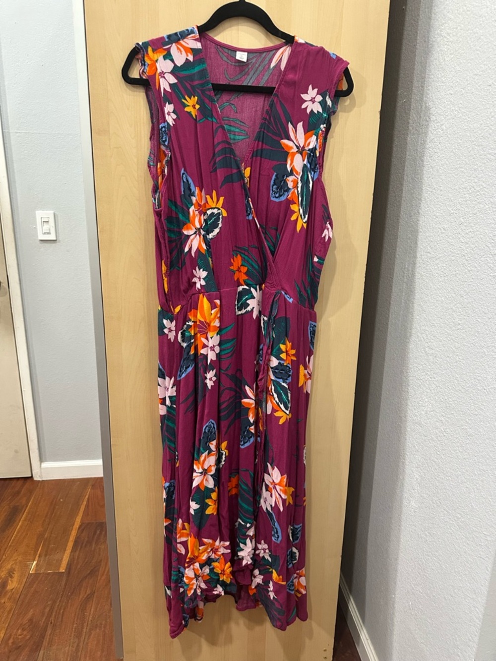 Old Navy Floral Print Dress Faux Wrap Sleeveless Midi Ruffle Trim Size XXL Tall